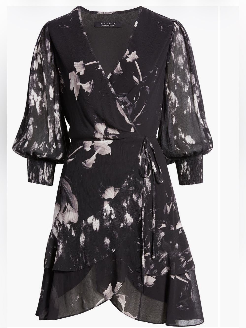 All Saints Black Floral High-Low Wrap Dress